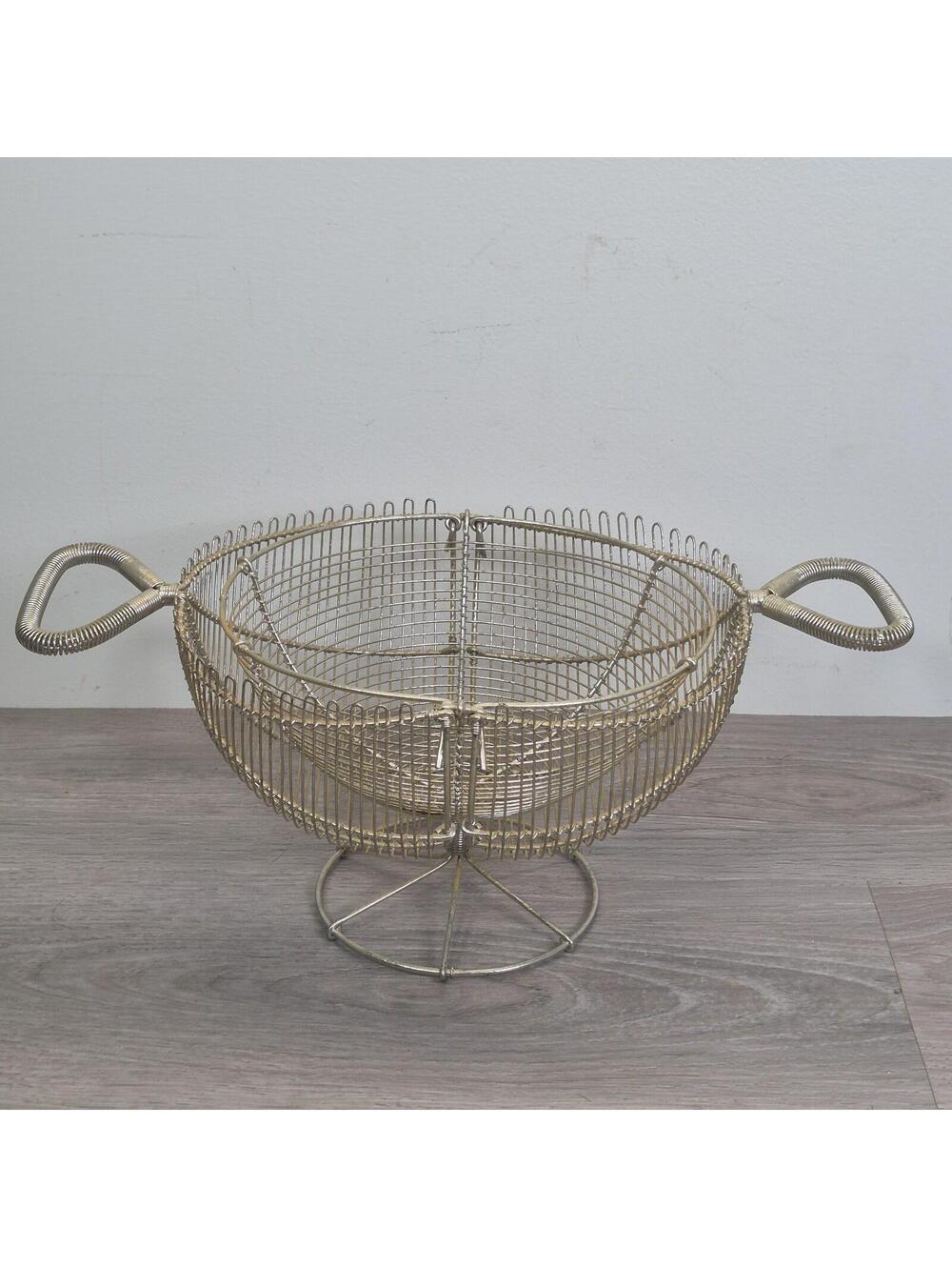 French Country Decor Round Silver Twisted Wire Egg Basket Pedestal Base